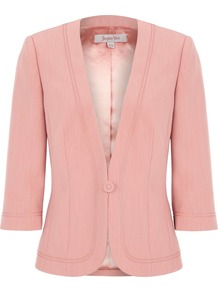 Women's Coral Braid Detail Jacket, Orange - pattern: plain; style: single breasted blazer; collar: shawl/waterfall; predominant colour: coral; occasions: work, occasion; length: standard; fit: tailored/fitted; fibres: polyester/polyamide - 100%; waist detail: fitted waist; sleeve length: 3/4 length; sleeve style: standard; collar break: medium; pattern type: fabric; pattern size: standard; texture group: woven bulky/heavy