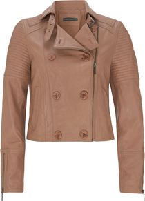 Women's Cropped Leather Jacket, Pastel Pink - pattern: plain; style: biker; collar: asymmetric biker; predominant colour: tan; occasions: casual, work; length: standard; fit: straight cut (boxy); fibres: leather - 100%; sleeve length: long sleeve; sleeve style: standard; texture group: leather; collar break: high/illusion of break when open; pattern type: fabric