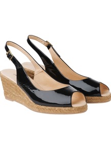 Slingback Espadrille, Black - predominant colour: black; occasions: casual, evening, work, holiday; material: leather; heel height: mid; ankle detail: ankle strap; heel: wedge; toe: open toe/peeptoe; style: slingbacks; finish: patent; pattern: plain
