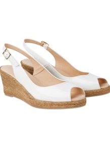 Slingback Espadrille, White - predominant colour: white; occasions: casual, evening, work, holiday; material: leather; heel height: mid; ankle detail: ankle strap; heel: wedge; toe: open toe/peeptoe; style: slingbacks; finish: patent; pattern: plain