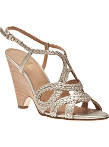 Aspen Sandal - predominant colour: gold; occasions: evening, occasion, holiday; material: leather; heel height: high; heel: cone; toe: open toe/peeptoe; style: strappy; trends: metallics; finish: metallic; pattern: plain