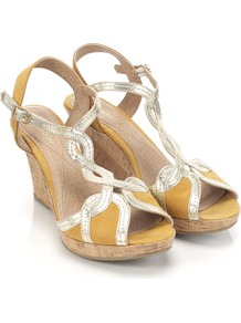 Tiger Lily Wedge - predominant colour: mustard; occasions: casual, evening, holiday; material: leather; heel height: high; ankle detail: ankle strap; heel: wedge; toe: open toe/peeptoe; style: strappy; finish: metallic; pattern: plain