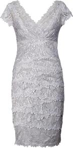 Silver Lace Layered Dress - style: shift; neckline: v-neck; sleeve style: capped; fit: tailored/fitted; pattern: plain; waist detail: fitted waist; hip detail: fitted at hip; predominant colour: silver; occasions: evening, occasion; length: just above the knee; fibres: polyester/polyamide - 100%; sleeve length: short sleeve; texture group: lace; pattern type: fabric; pattern size: small & light