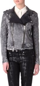 Jovanna Denim Biker Jacket - pattern: plain; style: biker; shoulder detail: obvious epaulette; collar: asymmetric biker; fit: slim fit; predominant colour: light grey; occasions: casual; length: standard; fibres: cotton - stretch; sleeve length: long sleeve; sleeve style: standard; texture group: denim; collar break: medium; pattern type: fabric; embellishment: studs