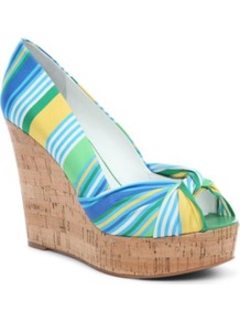 Chillpill2 Cork Peep Toe Wedges - predominant colour: yellow; occasions: casual, holiday; material: fabric; heel height: high; heel: wedge; toe: open toe/peeptoe; style: courts; trends: striking stripes; finish: plain; pattern: striped