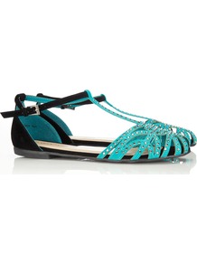 Green Diamante Sandal - predominant colour: turquoise; occasions: casual, evening, occasion, holiday; material: faux leather; heel height: flat; embellishment: crystals; ankle detail: ankle strap; heel: standard; toe: open toe/peeptoe; style: strappy; finish: plain; pattern: plain
