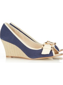 Navy Peep Toe Shoe - predominant colour: navy; occasions: casual, work, holiday; material: fabric; heel height: high; embellishment: buckles; heel: wedge; toe: open toe/peeptoe; style: courts; finish: plain; pattern: plain
