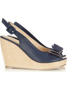 Navy Peep Toe Sandal - predominant colour: navy; occasions: casual, evening, holiday; material: faux leather; heel height: high; ankle detail: ankle strap; heel: wedge; toe: open toe/peeptoe; style: standard; finish: plain; pattern: plain; embellishment: bow