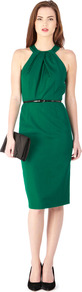 Loula Dress - style: shift; neckline: round neck; fit: tailored/fitted; pattern: plain; sleeve style: sleeveless; back detail: low cut/open back; waist detail: belted waist/tie at waist/drawstring; predominant colour: emerald green; occasions: evening, occasion; length: on the knee; fibres: polyester/polyamide - 100%; sleeve length: sleeveless; texture group: crepes; bust detail: tiers/frills/bulky drapes/pleats; pattern type: fabric