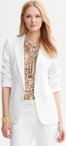 White Sateen Blazer - pattern: plain; style: single breasted blazer; collar: standard lapel/rever collar; predominant colour: white; occasions: evening, work, holiday; length: standard; fit: tailored/fitted; fibres: cotton - stretch; waist detail: fitted waist; sleeve length: 3/4 length; sleeve style: standard; texture group: cotton feel fabrics; collar break: low/open; pattern type: fabric; pattern size: standard