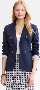 Faux Double Breasted Blazer - pattern: plain; style: double breasted blazer; collar: standard lapel/rever collar; predominant colour: navy; occasions: casual, work; length: standard; fit: tailored/fitted; fibres: cotton - stretch; waist detail: fitted waist; back detail: back vent/flap at back; sleeve length: long sleeve; sleeve style: standard; collar break: medium; pattern type: fabric; texture group: woven light midweight