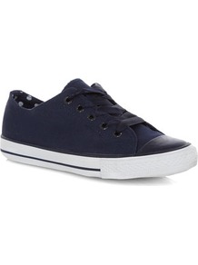 Navy Lace Up Casual Shoes - predominant colour: navy; occasions: casual; material: fabric; heel height: flat; toe: round toe; style: trainers; finish: plain; pattern: plain