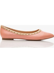 Studded Faux Leather Flats - predominant colour: pink; occasions: casual, evening, work, holiday; material: faux leather; heel height: flat; embellishment: studs; toe: pointed toe; style: ballerinas / pumps; finish: plain; pattern: plain