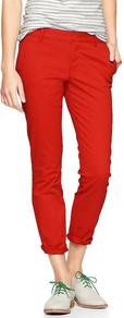 Skinny Mini Skimmer Khakis - pattern: plain; waist: mid/regular rise; predominant colour: bright orange; occasions: casual, holiday; length: ankle length; fibres: cotton - stretch; jeans & bottoms detail: turn ups; fit: slim leg; pattern type: fabric; pattern size: standard; texture group: other - light to midweight; style: standard