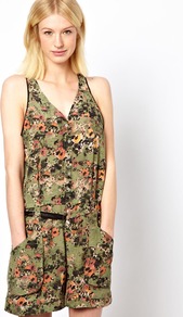 Mesh Back Jumpsuit In Etched Poppies Print - neckline: v-neck; sleeve style: sleeveless; hip detail: side pockets at hip; waist detail: belted waist/tie at waist/drawstring; bust detail: buttons at bust (in middle at breastbone)/zip detail at bust; length: mid thigh shorts; predominant colour: khaki; occasions: casual, evening, holiday; fit: body skimming; fibres: silk - 100%; sleeve length: sleeveless; texture group: silky - light; style: playsuit; pattern type: fabric; pattern size: small & busy; pattern: florals