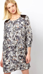 Mesh Back Dress In Crosshatch Camo Print - style: shift; length: mid thigh; neckline: round neck; fit: loose; bust detail: buttons at bust (in middle at breastbone)/zip detail at bust; predominant colour: tan; occasions: casual, evening, occasion; fibres: silk - 100%; shoulder detail: added shoulder detail; back detail: sheer fabric at back; sleeve length: 3/4 length; sleeve style: standard; texture group: silky - light; trends: statement prints; pattern type: fabric; pattern size: small & busy; pattern: patterned/print