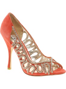 Divine D Coral Suede And Diamante Heeled Shoe - predominant colour: coral; occasions: evening, occasion; material: suede; heel height: high; embellishment: crystals; heel: stiletto; toe: open toe/peeptoe; style: courts; finish: plain; pattern: plain