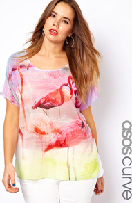 Exclusive Top With Woven Front In Flamingo Print - neckline: round neck; style: t-shirt; back detail: contrast pattern/fabric at back; occasions: casual; length: standard; fibres: polyester/polyamide - mix; fit: loose; predominant colour: multicoloured; sleeve length: short sleeve; sleeve style: standard; texture group: sheer fabrics/chiffon/organza etc.; trends: statement prints; pattern type: fabric; pattern size: standard; pattern: patterned/print
