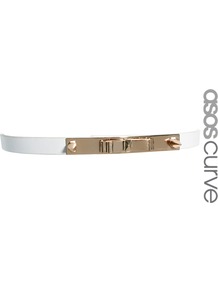 Curve Metal Plate + Spike Bow Waist Belt - predominant colour: white; occasions: casual, evening, work, occasion; style: classic; size: skinny; worn on: waist; material: faux leather; pattern: plain; trends: metallics; finish: plain; embellishment: chain/metal