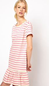 Drop Waist Jersey Dress - neckline: round neck; fit: loose; pattern: horizontal stripes; style: drop waist; waist detail: drop waist; predominant colour: pink; occasions: casual; length: just above the knee; fibres: cotton - 100%; sleeve length: short sleeve; sleeve style: standard; hip detail: ruffles/tiers/tie detail at hip; pattern type: fabric; pattern size: standard; texture group: jersey - stretchy/drapey