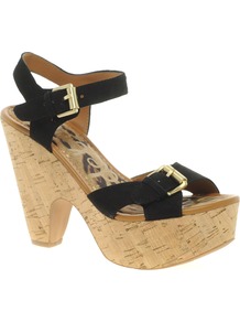 Warner Buckled Leather Sandals - predominant colour: black; occasions: casual, holiday; material: leather; heel height: high; embellishment: buckles; ankle detail: ankle strap; heel: platform; toe: open toe/peeptoe; style: standard; finish: plain; pattern: plain