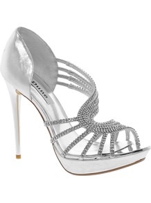 Hearty Leather Heeled Sandal With Diamante Detail - predominant colour: silver; occasions: evening, occasion; material: leather; heel height: high; embellishment: crystals; heel: platform; toe: open toe/peeptoe; style: strappy; trends: metallics; finish: metallic; pattern: plain