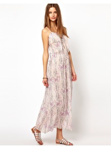 Printed Cotton Voile Maxi Dress - neckline: low v-neck; sleeve style: spaghetti straps; style: maxi dress; back detail: tie detail at back; waist detail: belted waist/tie at waist/drawstring; predominant colour: white; occasions: casual, holiday; length: floor length; fit: body skimming; fibres: cotton - 100%; sleeve length: sleeveless; texture group: cotton feel fabrics; trends: statement prints; pattern type: fabric; pattern size: small & busy; pattern: patterned/print