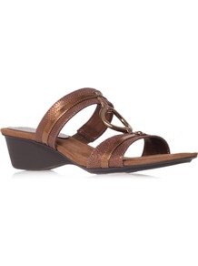 Olalla6 - predominant colour: bronze; occasions: casual, holiday; material: leather; heel height: mid; heel: wedge; toe: open toe/peeptoe; style: slides; trends: metallics; finish: metallic; pattern: animal print; embellishment: chain/metal