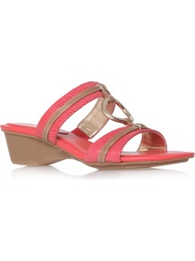 Olalla6 - predominant colour: coral; occasions: casual, holiday; material: leather; heel height: mid; heel: wedge; toe: open toe/peeptoe; style: slides; finish: plain; pattern: patterned/print; embellishment: chain/metal