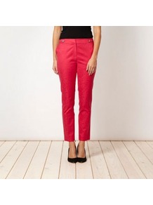 Designer Pink Snake Jacquard Trousers - waist: mid/regular rise; predominant colour: hot pink; occasions: casual, evening, holiday; length: ankle length; fibres: cotton - stretch; texture group: denim; fit: straight leg; pattern type: fabric; pattern size: big & busy; pattern: animal print; style: standard