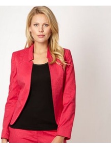 Designer Pink Snake Jacquard Jacket - style: single breasted blazer; collar: standard lapel/rever collar; predominant colour: hot pink; occasions: evening; length: standard; fit: tailored/fitted; fibres: cotton - stretch; sleeve length: long sleeve; sleeve style: standard; texture group: ornate wovens; collar break: low/open; pattern type: fabric; pattern size: standard; pattern: animal print