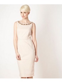 Pale Pink Embellished Neck Shift Dress - style: shift; neckline: round neck; fit: tailored/fitted; pattern: plain; sleeve style: sleeveless; bust detail: added detail/embellishment at bust; waist detail: fitted waist; back detail: low cut/open back; shoulder detail: contrast pattern/fabric at shoulder; predominant colour: nude; secondary colour: bronze; occasions: evening, occasion; length: on the knee; fibres: polyester/polyamide - mix; hip detail: sculpting darts/pleats/seams at hip; sleeve length: sleeveless; texture group: structured shiny - satin/tafetta/silk etc.; trends: glamorous day shifts; pattern type: fabric; embellishment: jewels