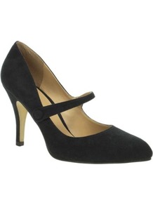 Black Mary Jane Pointy Court Shoes - predominant colour: black; occasions: evening, work; material: suede; heel height: high; heel: stiletto; toe: pointed toe; style: mary janes; finish: plain; pattern: plain