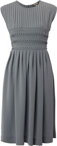 Women's Ranelagh Dress, Lichen - sleeve style: capped; pattern: plain; waist detail: twist front waist detail/nipped in at waist on one side/soft pleats/draping/ruching/gathering waist detail; bust detail: ruching/gathering/draping/layers/pintuck pleats at bust; predominant colour: charcoal; occasions: casual, evening, work; length: just above the knee; fit: fitted at waist & bust; style: fit & flare; fibres: silk - mix; neckline: crew; hip detail: soft pleats at hip/draping at hip/flared at hip; sleeve length: sleeveless; texture group: silky - light; pattern type: fabric