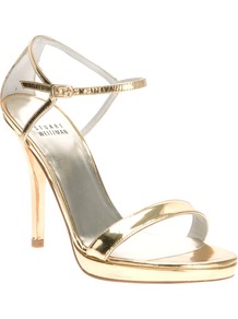 Ankle Strap Sandal - predominant colour: gold; occasions: evening, occasion; material: leather; heel height: high; ankle detail: ankle strap; heel: platform; toe: open toe/peeptoe; style: standard; trends: metallics; finish: metallic; pattern: plain