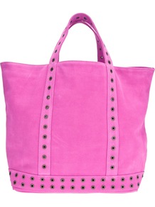 Large Eyelet Tote - predominant colour: magenta; occasions: casual; style: tote; length: handle; size: standard; material: suede; embellishment: studs; pattern: plain; finish: plain