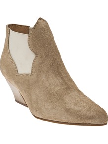 Alma Bootie - predominant colour: stone; occasions: casual; material: suede; heel height: mid; embellishment: elasticated; heel: cone; toe: pointed toe; boot length: ankle boot; style: standard; finish: plain; pattern: plain