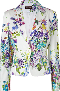 Tilly Printed Jacket, White - style: single breasted blazer; collar: standard lapel/rever collar; predominant colour: white; occasions: casual, occasion; length: standard; fit: tailored/fitted; fibres: cotton - mix; sleeve length: long sleeve; sleeve style: standard; trends: high impact florals; collar break: medium; pattern type: fabric; pattern size: big & busy; pattern: florals; texture group: jersey - stretchy/drapey
