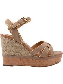Suede Strappy Wedge - predominant colour: taupe; occasions: casual, evening, occasion, holiday; material: suede; heel height: high; ankle detail: ankle strap; heel: wedge; toe: open toe/peeptoe; style: strappy; finish: plain; pattern: two-tone