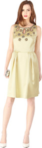 Topaz Dress - neckline: round neck; fit: fitted at waist; pattern: plain; sleeve style: sleeveless; bust detail: added detail/embellishment at bust; predominant colour: primrose yellow; occasions: evening, occasion; length: just above the knee; style: fit & flare; fibres: polyester/polyamide - stretch; hip detail: structured pleats at hip; sleeve length: sleeveless; texture group: structured shiny - satin/tafetta/silk etc.; pattern type: fabric; embellishment: jewels