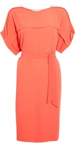 Tie Waist Crepe Tunic Dress - style: tunic; neckline: slash/boat neckline; sleeve style: dolman/batwing; fit: fitted at waist; pattern: plain; waist detail: belted waist/tie at waist/drawstring; predominant colour: coral; occasions: casual, evening, work, occasion, holiday; length: just above the knee; fibres: polyester/polyamide - 100%; sleeve length: short sleeve; texture group: crepes; trends: glamorous day shifts; pattern type: fabric; pattern size: standard