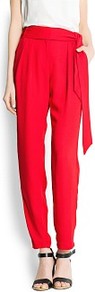 Bow Crepé Trousers - pattern: plain; style: peg leg; waist: high rise; waist detail: belted waist/tie at waist/drawstring; predominant colour: true red; occasions: casual, evening, work; length: ankle length; fibres: polyester/polyamide - 100%; texture group: crepes; fit: tapered; pattern type: fabric