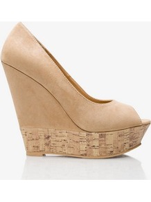 Printed Cork Peeptoe Wedges - predominant colour: camel; occasions: evening, holiday; material: faux leather; heel height: high; heel: wedge; toe: open toe/peeptoe; style: courts; finish: plain; pattern: plain