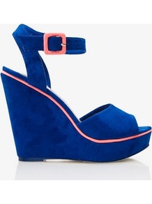 Faux Suede Wedge Sandals - predominant colour: royal blue; occasions: evening, holiday; material: faux leather; heel height: high; embellishment: buckles; ankle detail: ankle strap; heel: wedge; toe: open toe/peeptoe; style: strappy; finish: plain; pattern: plain