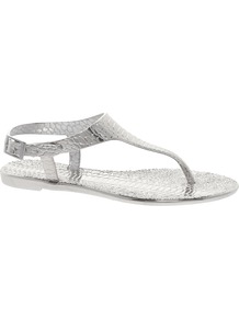 Silver Jelly Sandals - predominant colour: silver; occasions: casual, holiday; material: plastic/rubber; heel height: flat; ankle detail: ankle strap; heel: standard; toe: toe thongs; style: flip flops / toe post; trends: metallics; finish: metallic; pattern: animal print