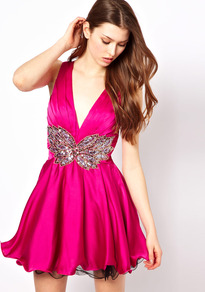 Prom Dress With Embellished Waist - length: mini; neckline: low v-neck; fit: fitted at waist; pattern: plain; sleeve style: sleeveless; style: prom dress; waist detail: embellishment at waist/feature waistband; predominant colour: hot pink; occasions: evening, occasion; fibres: polyester/polyamide - 100%; sleeve length: sleeveless; texture group: structured shiny - satin/tafetta/silk etc.; hip detail: ruffles/tiers/tie detail at hip; pattern type: fabric; pattern size: light/subtle; embellishment: sequins
