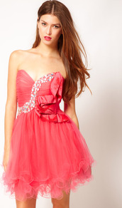 Bandeau Prom Dress - length: mini; neckline: strapless (straight/sweetheart); pattern: plain; style: prom dress; sleeve style: strapless; bust detail: added detail/embellishment at bust; waist detail: fitted waist; predominant colour: coral; occasions: evening, occasion; fit: fitted at waist & bust; fibres: polyester/polyamide - 100%; sleeve length: sleeveless; texture group: sheer fabrics/chiffon/organza etc.; hip detail: ruffles/tiers/tie detail at hip; pattern type: fabric; pattern size: small & light; embellishment: crystals
