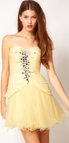 Jewelled Prom Dress - length: mini; neckline: strapless (straight/sweetheart); pattern: plain; style: prom dress; sleeve style: strapless; bust detail: added detail/embellishment at bust; waist detail: fitted waist; predominant colour: primrose yellow; occasions: evening, occasion; fit: fitted at waist & bust; fibres: polyester/polyamide - stretch; sleeve length: sleeveless; texture group: sheer fabrics/chiffon/organza etc.; pattern type: fabric; pattern size: small & light; embellishment: crystals