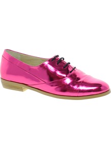 Mascot Flat Shoes - predominant colour: hot pink; occasions: casual, evening, work; material: faux leather; heel height: flat; toe: round toe; style: brogues; trends: metallics; finish: metallic; pattern: plain