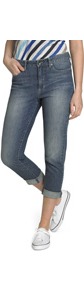 Crop Jeans - style: straight leg; pattern: plain; pocket detail: traditional 5 pocket; waist: mid/regular rise; predominant colour: denim; occasions: casual, holiday; length: calf length; fibres: cotton - stretch; jeans detail: shading down centre of thigh, washed/faded; jeans & bottoms detail: turn ups; texture group: denim; pattern type: fabric; pattern size: standard